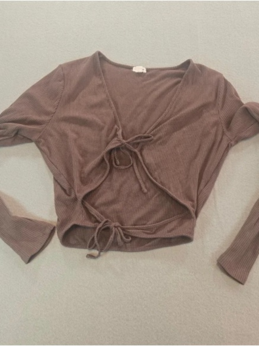 Garage Tie‎ Front Cropped Top Womens Large Brown Ribbed Long Sleeve V-Neck